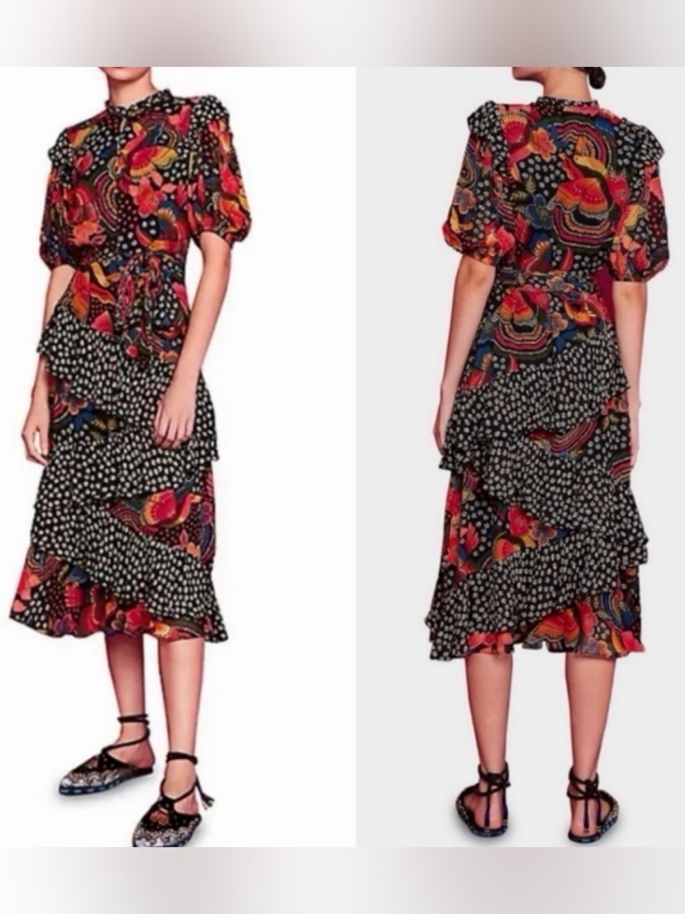 FARM Rio Tiered Midi Dress In Toucanfly Black